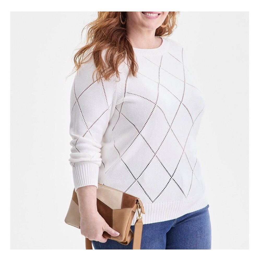 Style & Co Women White Pointelle Knit Boat Neck Argyle Pattern Sweater Size 2XL